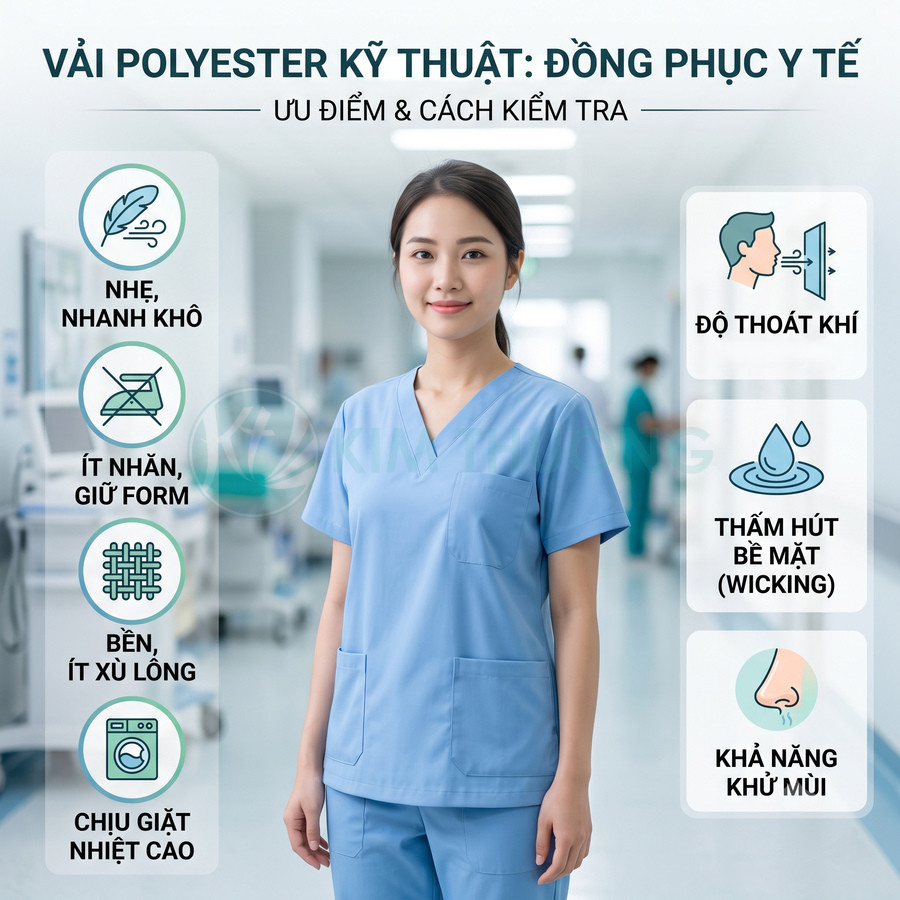Nữ nhân viên y tế mặc bộ đồng phục y tế vải polyester kỹ thuật màu xanh trong bệnh viện