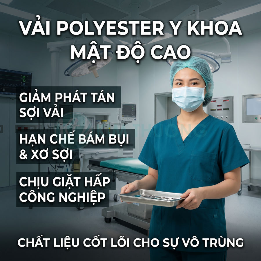 Đồng phục y tế vải polyester y khoa mật độ cao, giảm phát tán sợi vải, hạn chế bám bụi, chịu giặt hấp công nghiệp