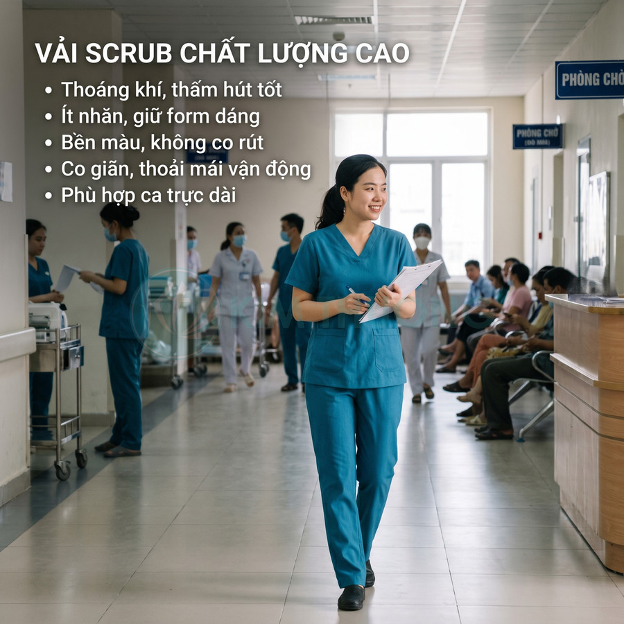 Nữ y tá mặc bộ scrub xanh chất lượng cao, thoáng khí co giãn, di chuyển thoải mái trong hành lang bệnh viện