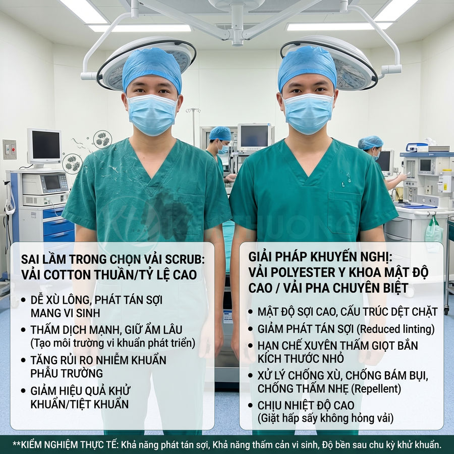 So sánh bộ đồ phẫu thuật vải cotton và vải polyester y khoa mật độ cao trong phòng mổ