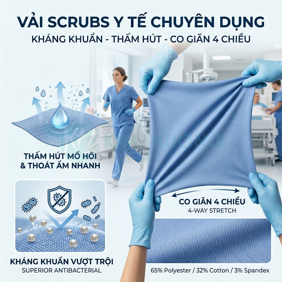 Vải scrubs y tế màu xanh kháng khuẩn, thấm hút mồ hôi nhanh, co giãn 4 chiều cho bác sĩ y tá