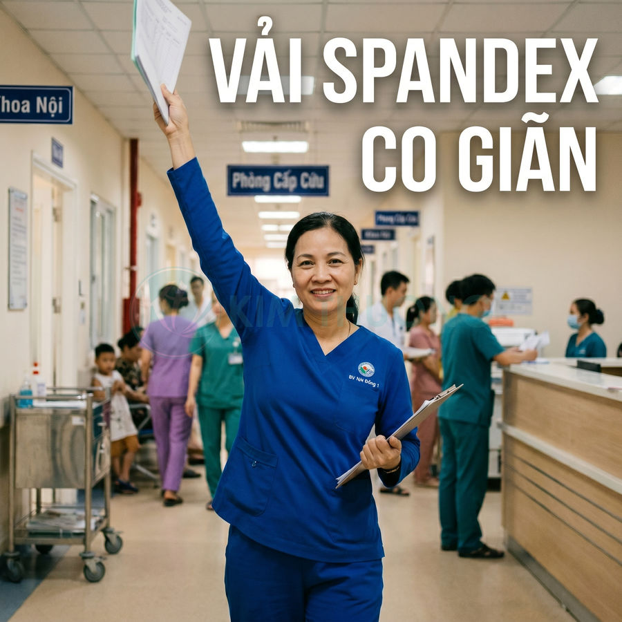 Đồng phục y tá vải spandex co giãn màu xanh dương trong bệnh viện