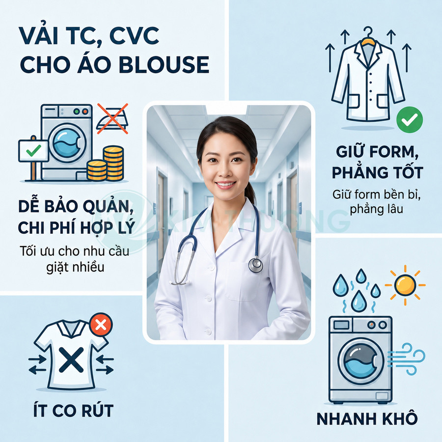 Áo blouse bác sĩ vải TC CVC trắng, ít co rút, giữ form phẳng lâu, dễ bảo quản và nhanh khô khi giặt nhiều