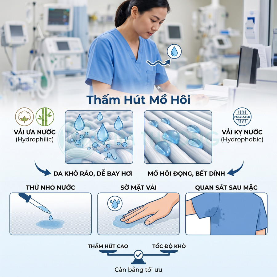 Vải thấm hút mồ hôi giúp da khô thoáng, đối chiếu với vải kỵ nước dễ đọng mồ hôiTHOOK