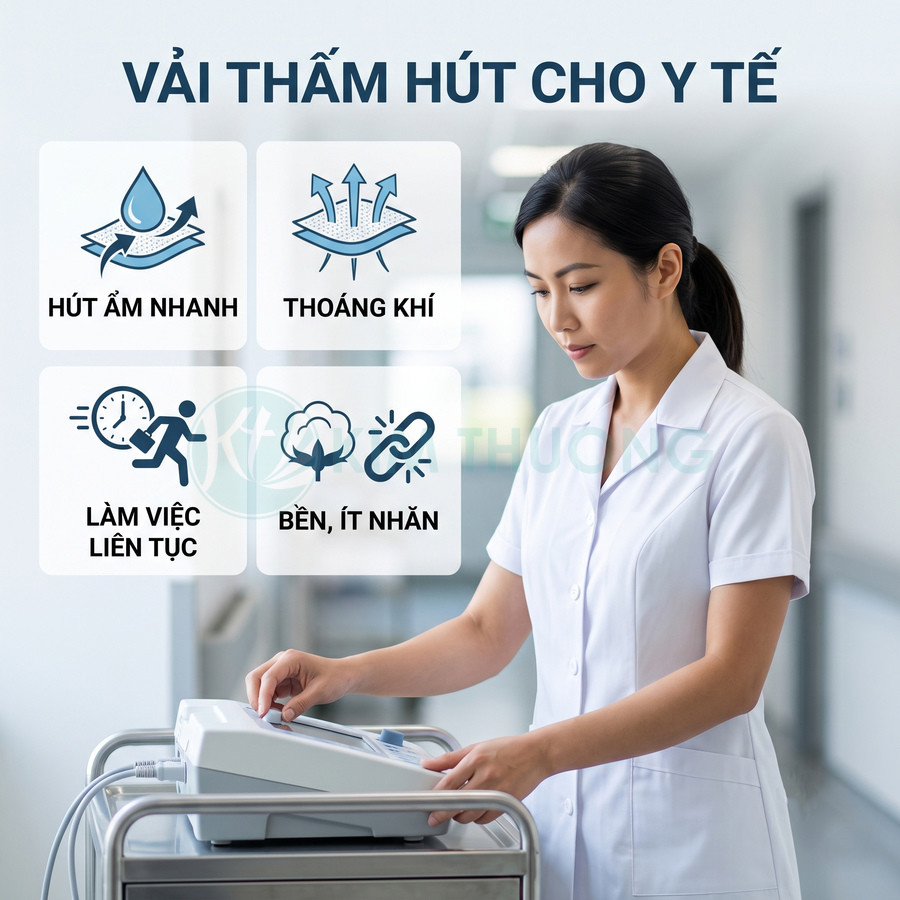 Vải thấm hút y tế cho điều dưỡng, hút ẩm nhanh, thoáng khí, bền và ít nhăn khi làm việc liên tục