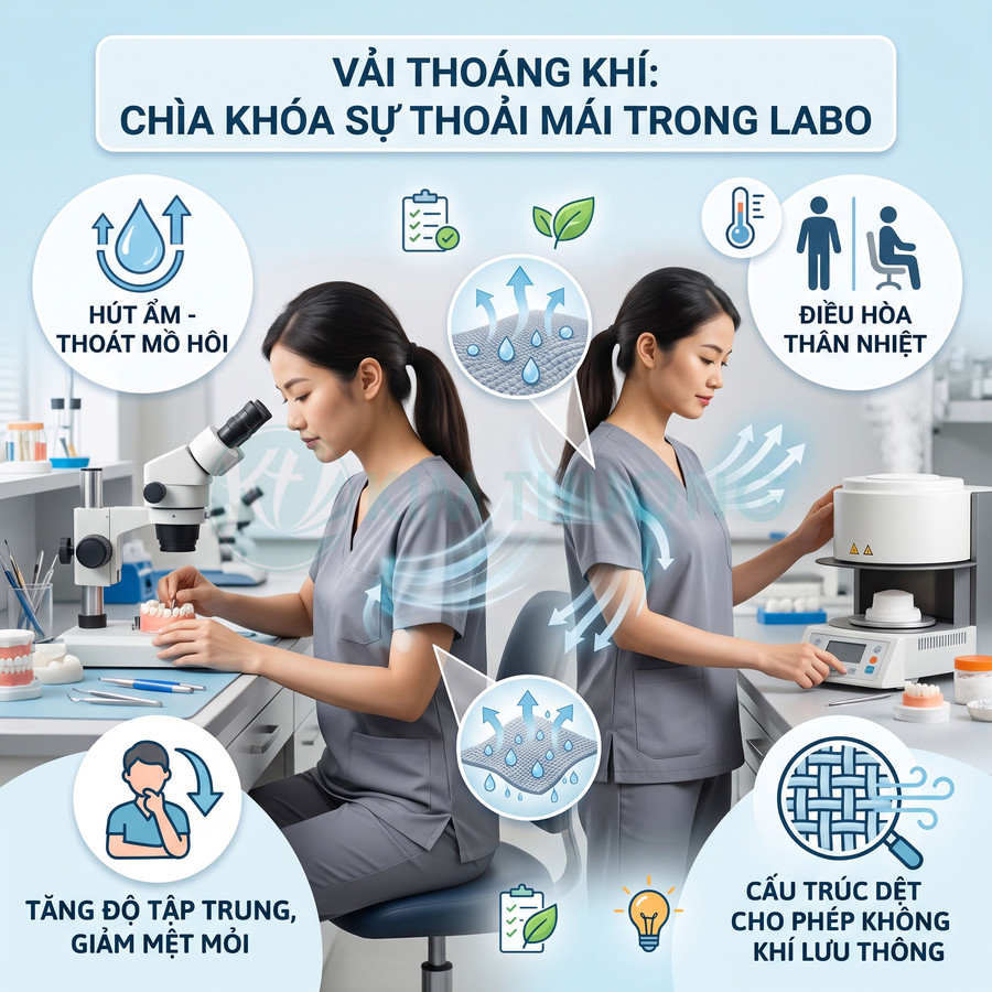 Nhân viên labo mặc đồng phục vải thoáng khí màu xám làm việc với kính hiển vi và máy móc nha khoa