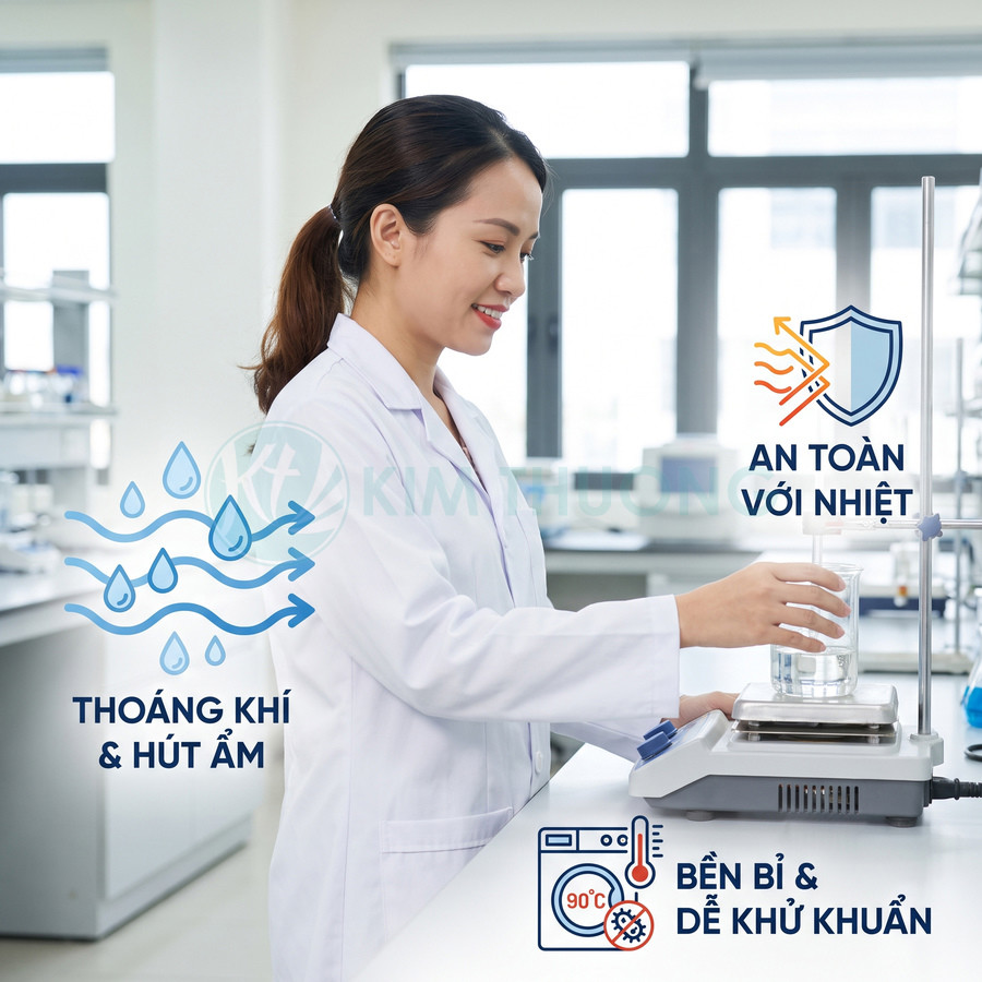 Áo blouse phòng thí nghiệm thoáng khí, hút ẩm, an toàn với nhiệt và bền bỉ khi khử khuẩn