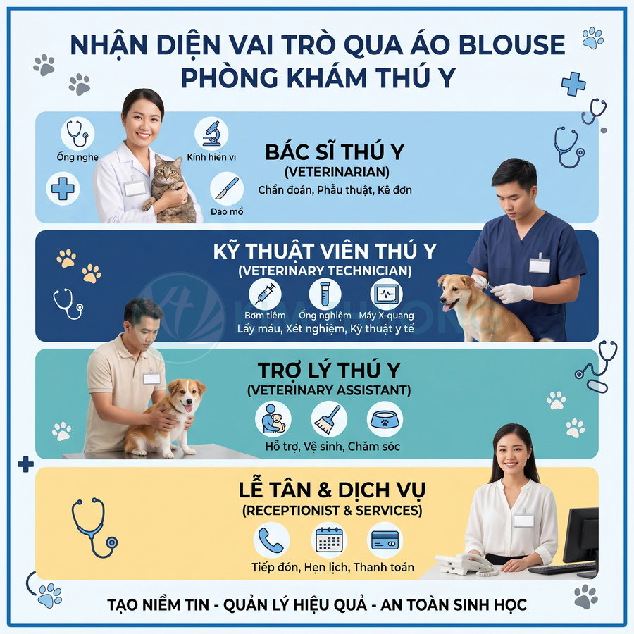Infographic vai trò bác sĩ thú y, kỹ thuật viên, trợ lý và lễ tân trong phòng khám thú y