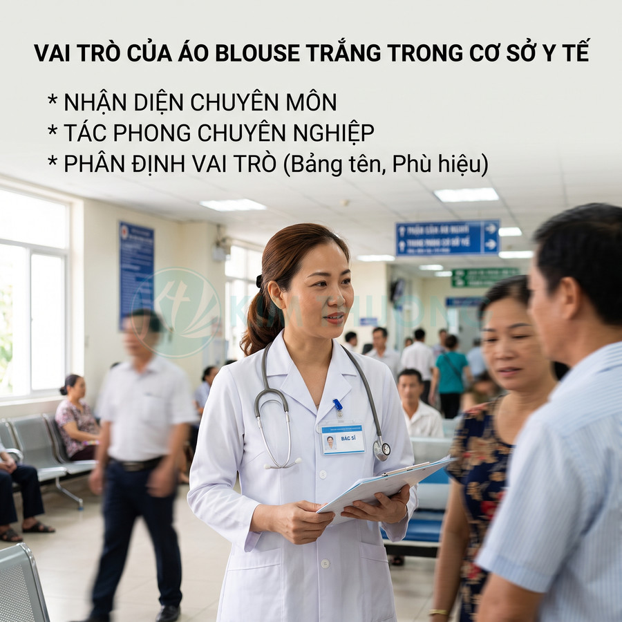 Bác sĩ mặc áo blouse trắng đeo ống nghe tư vấn bệnh nhân tại hành lang bệnh viện đông người