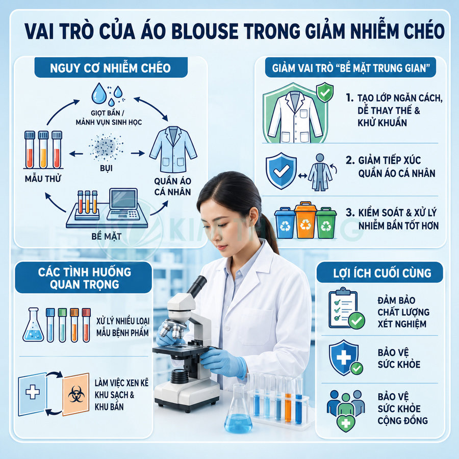 Nữ kỹ thuật viên mặc áo blouse trắng làm việc với kính hiển vi và ống nghiệm trong phòng thí nghiệm sạch