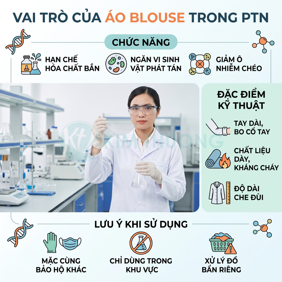 Áo blouse phòng thí nghiệm trắng tay dài kháng cháy được nữ kỹ thuật viên mặc khi thao tác hóa chất