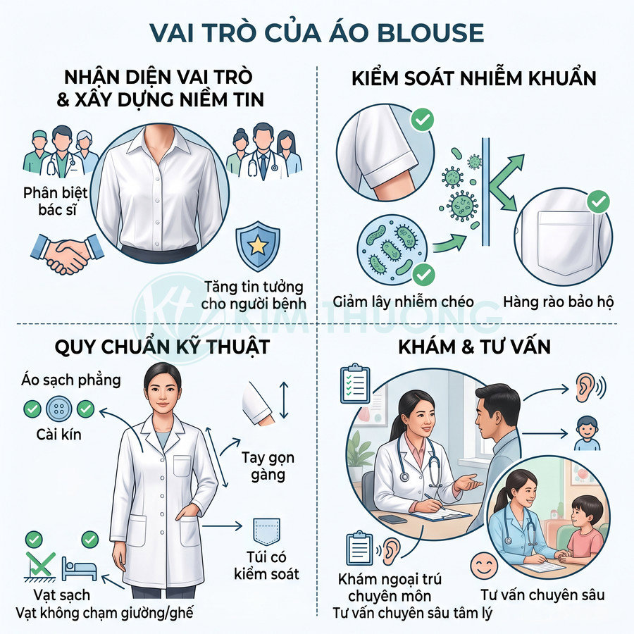 Infographic vai trò áo blouse bác sĩ trong nhận diện, kiểm soát nhiễm khuẩn, quy chuẩn kỹ thuật và khám tư vấn