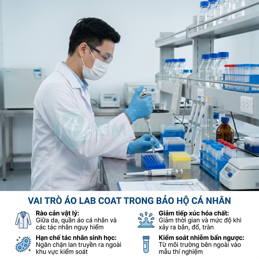 Nhân viên phòng thí nghiệm mặc áo lab coat trắng, đeo khẩu trang và găng tay, thao tác với ống nghiệm trên bàn thí nghiệm