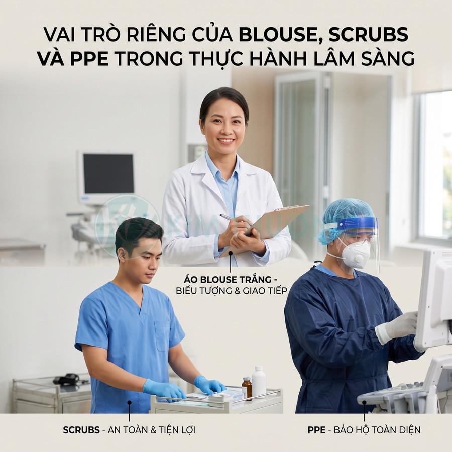 Bác sĩ và nhân viên y tế mặc áo blouse trắng, scrubs xanh và đồ bảo hộ PPE trong phòng khám lâm sàng