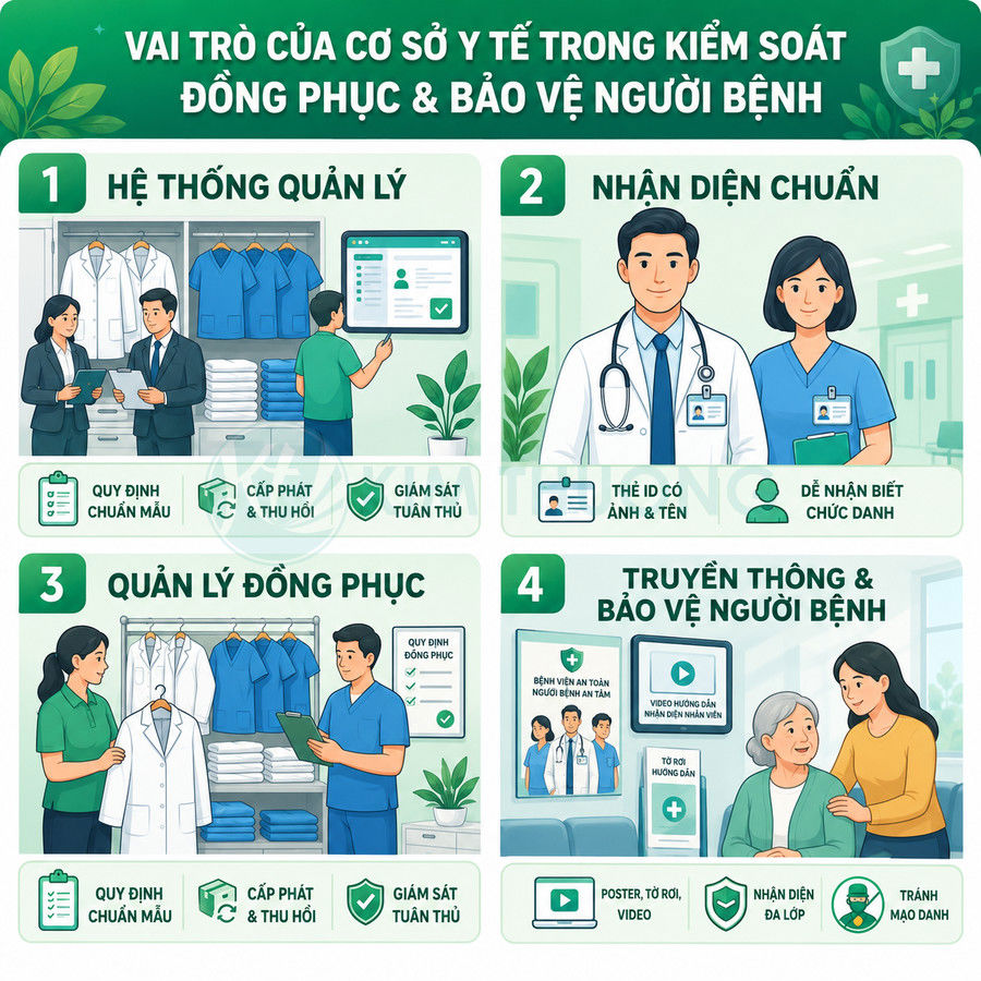 Infographic vai trò cơ sở y tế trong quản lý đồng phục, nhận diện nhân viên và bảo vệ người bệnh