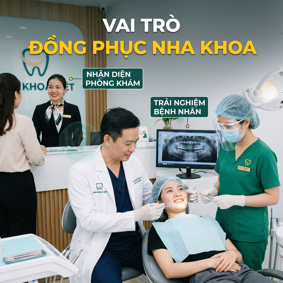 Bác sĩ và phụ tá mặc đồng phục nha khoa khám răng cho bệnh nhân tại phòng khám hiện đại