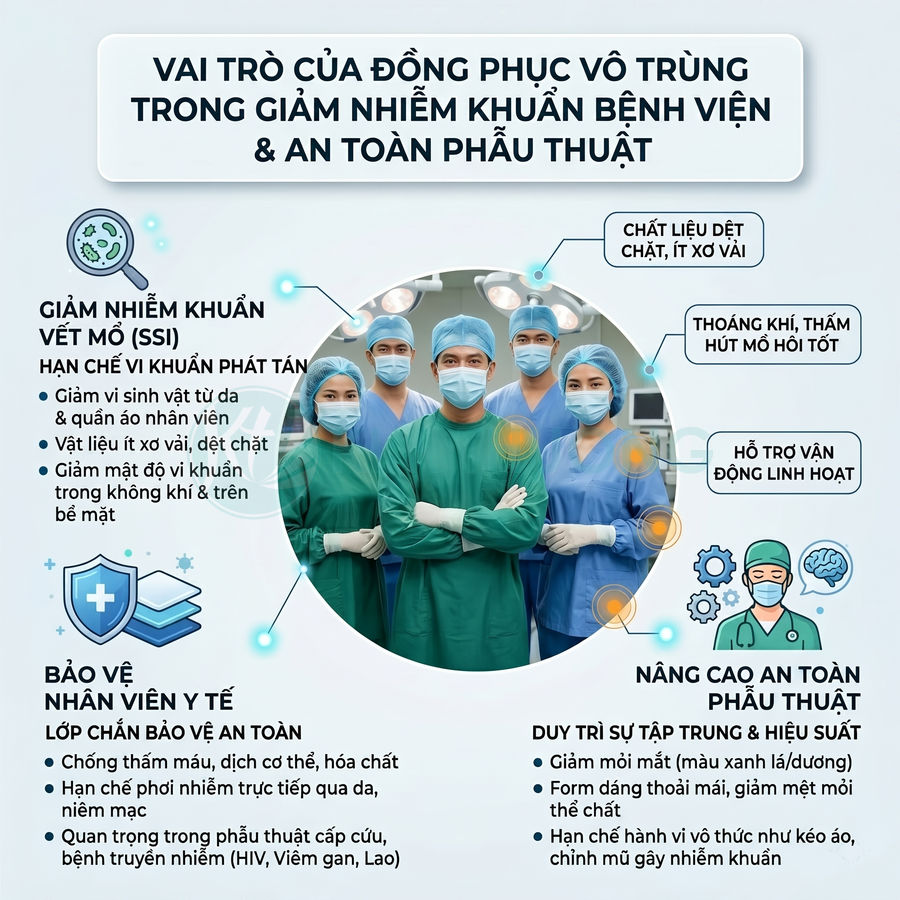 Nhóm bác sĩ phẫu thuật mặc đồng phục vô trùng màu xanh trong phòng mổ với nội dung về giảm nhiễm khuẩn bệnh viện