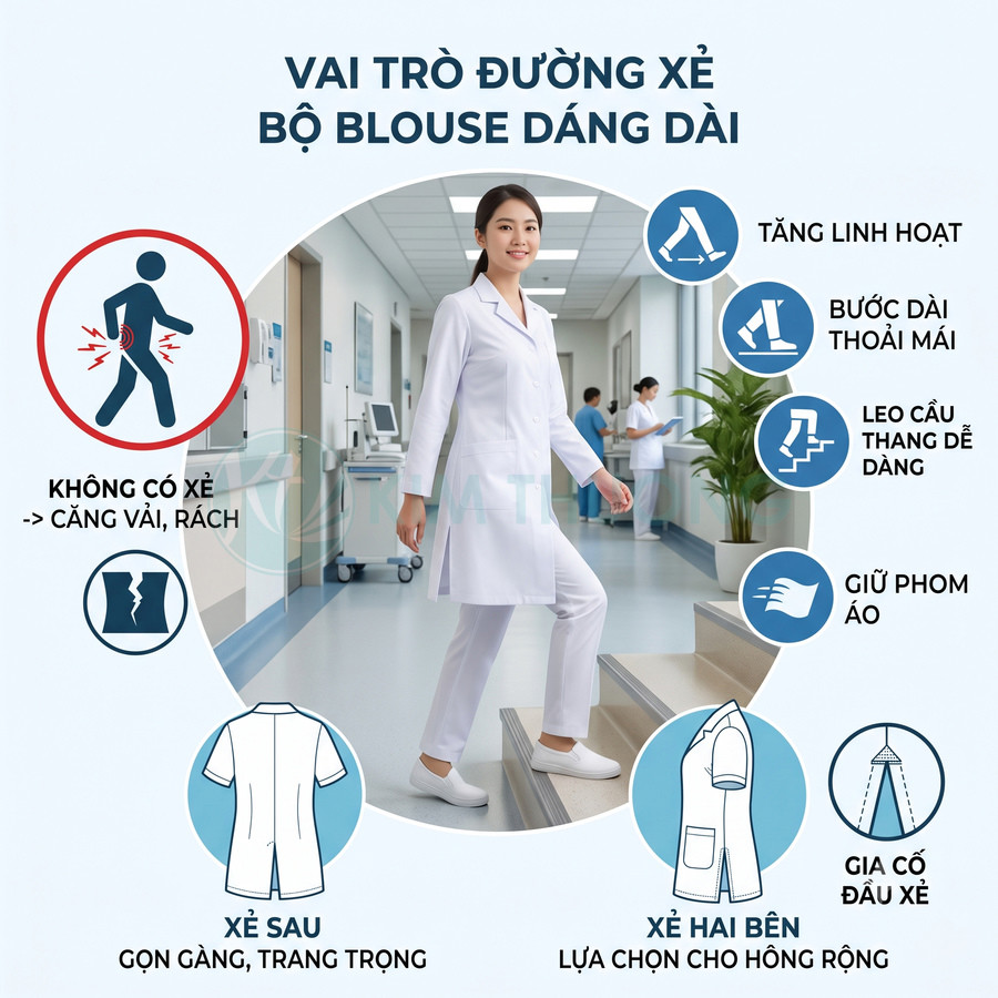 Nữ bác sĩ mặc áo blouse dáng dài xẻ sau và hai bên, bước trên cầu thang trong hành lang bệnh viện