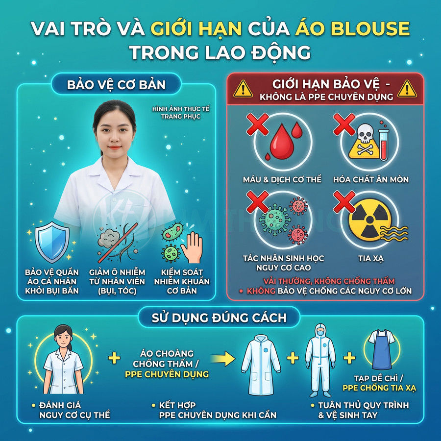 Infographic vai trò và giới hạn của áo blouse trong lao động y tế và hướng dẫn sử dụng đúng cách