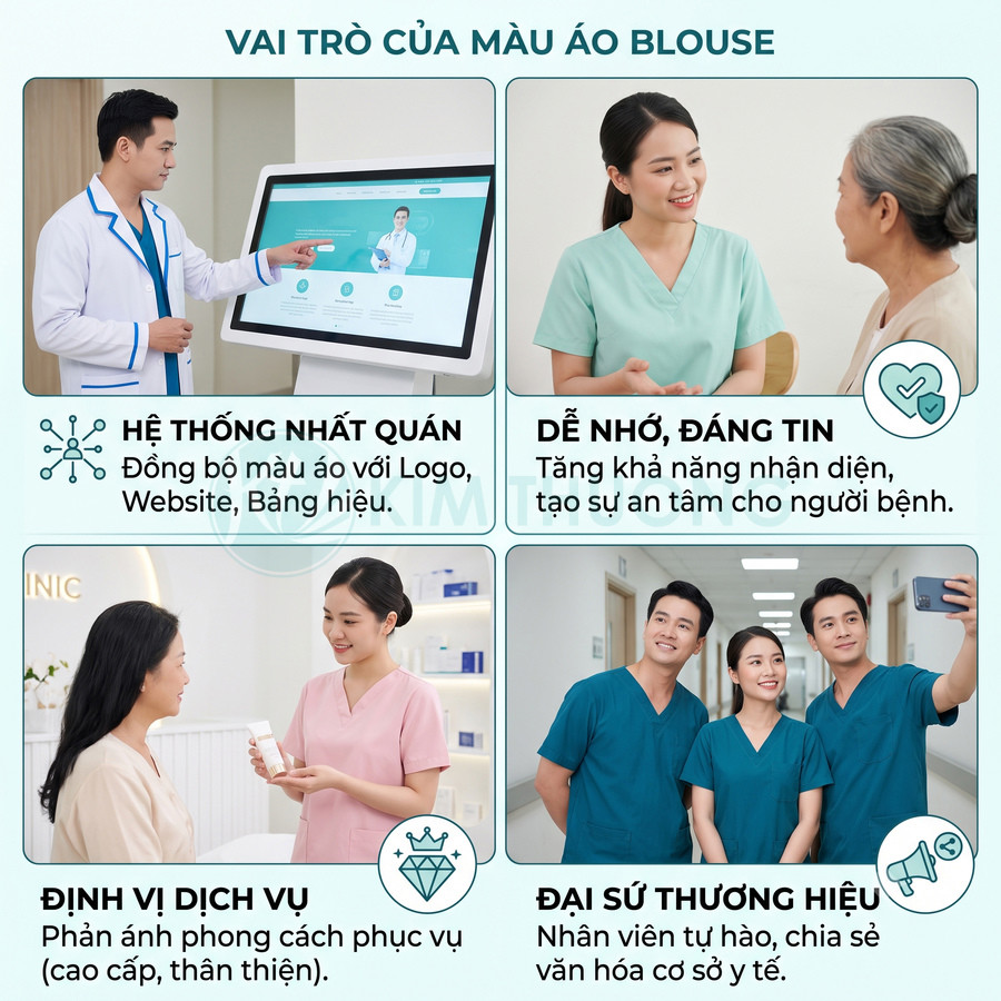Nhân viên y tế mặc áo blouse nhiều màu tư vấn và chăm sóc bệnh nhân trong phòng khám hiện đại