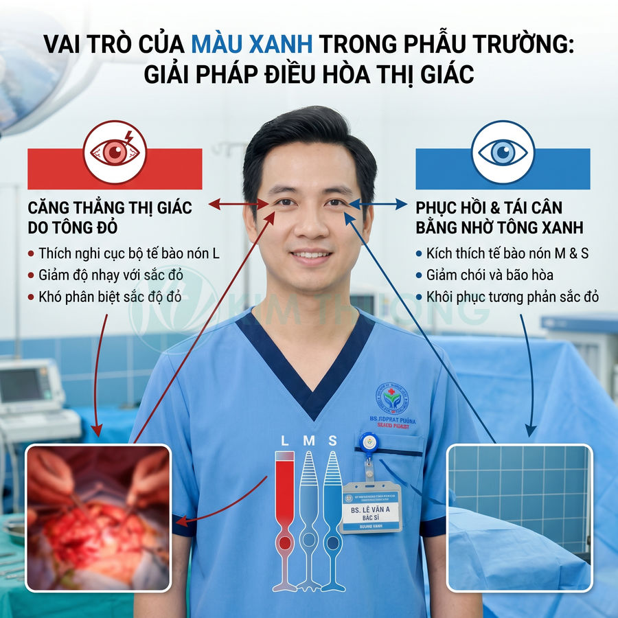 Bác sĩ phẫu thuật mặc đồng phục màu xanh đứng trong phòng mổ với infographic giải thích vai trò màu xanh
