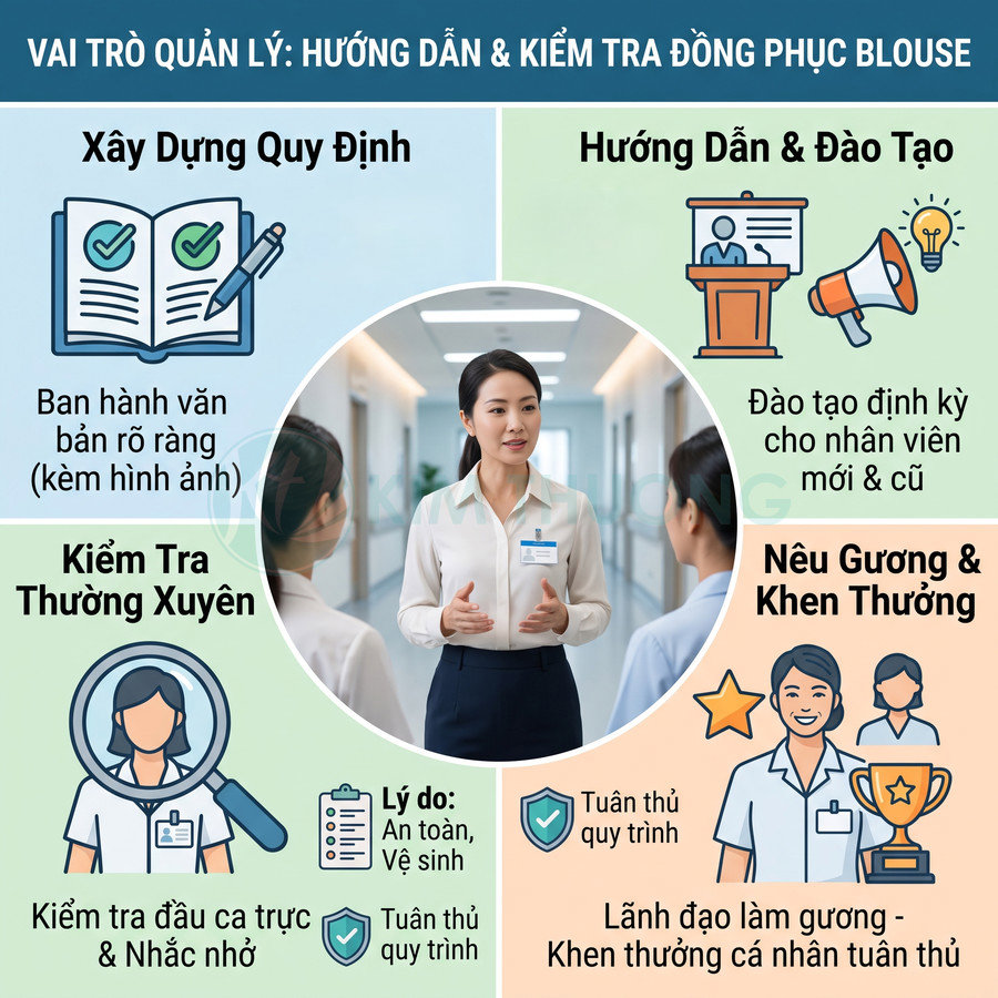 Quản lý y tế hướng dẫn nhân viên về quy định và kiểm tra đồng phục blouse trong bệnh viện