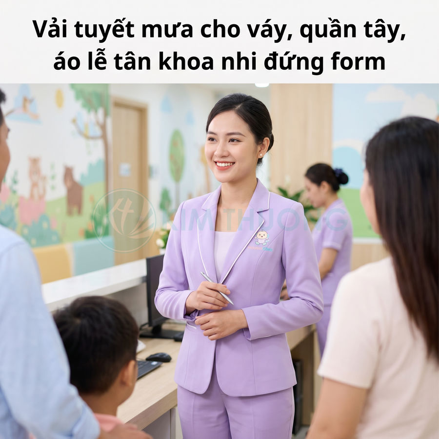 Nhân viên lễ tân khoa nhi mặc đồng phục vest quần tây tím vải tuyết mưa đứng form tư vấn phụ huynh