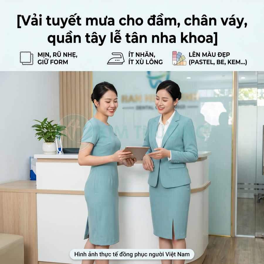 Đồng phục lễ tân nha khoa màu xanh pastel chất liệu vải tuyết mưa cho đầm liền và chân váy công sở