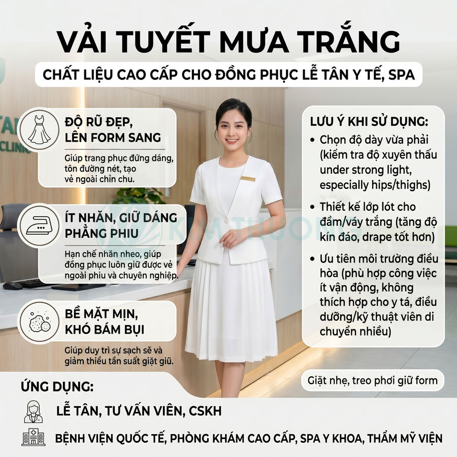 Đồng phục lễ tân y tế spa màu trắng chất liệu vải tuyết mưa, thiết kế váy liền thân sang trọng
