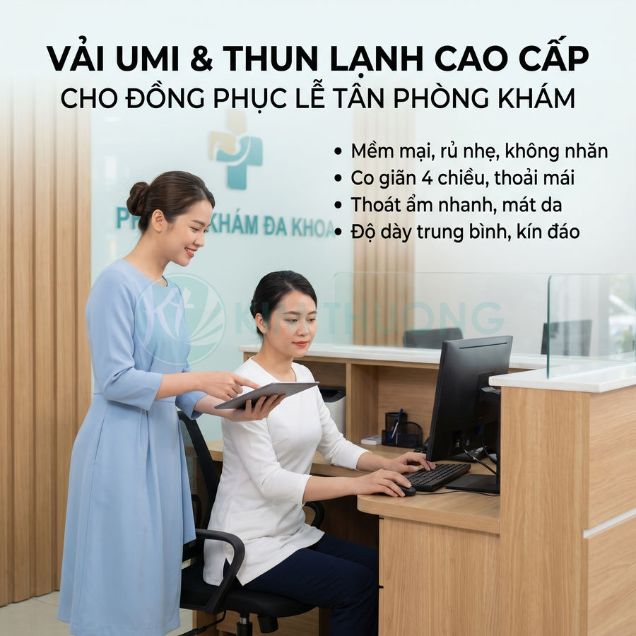 Đồng phục lễ tân phòng khám bằng vải umi và thun lạnh cao cấp, thiết kế kín đáo, mềm mại, co giãn thoải mái
