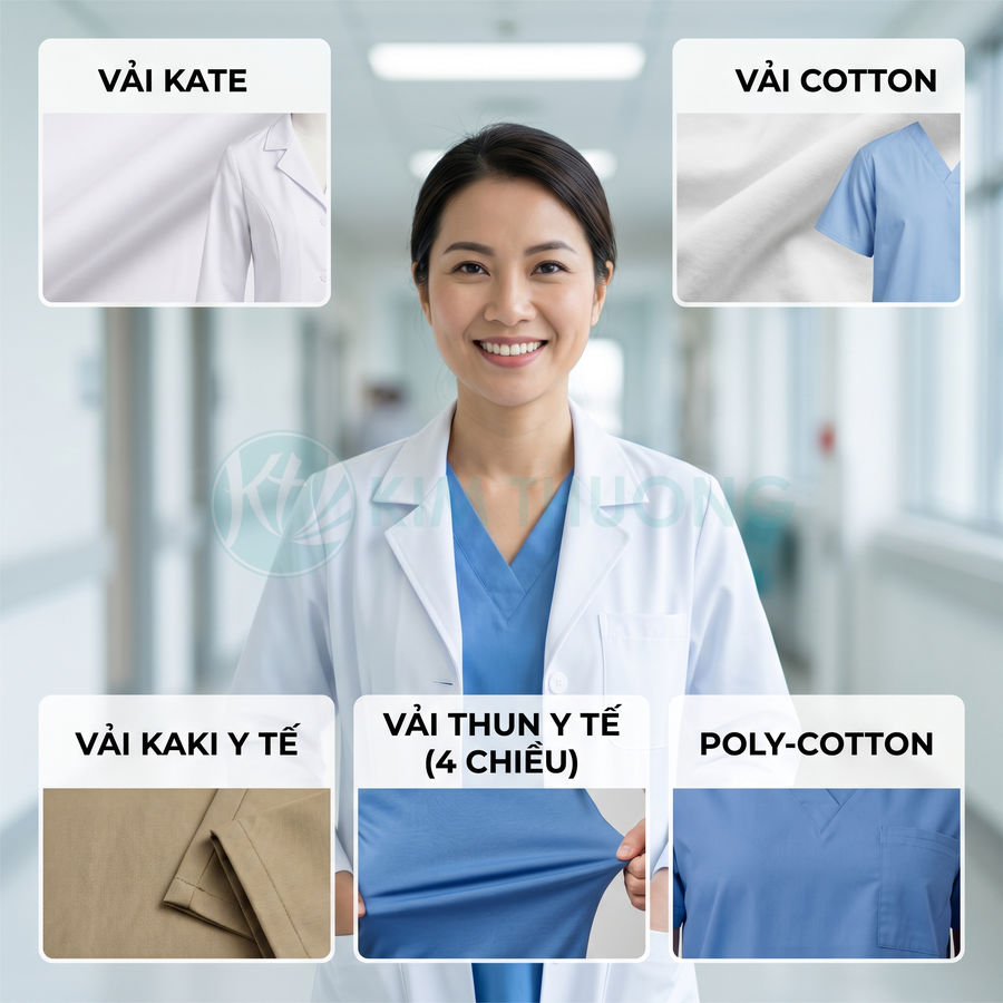 Các loại vải may đồng phục y tế gồm kate, cotton, kaki, thun y tế 4 chiều và poly cotton