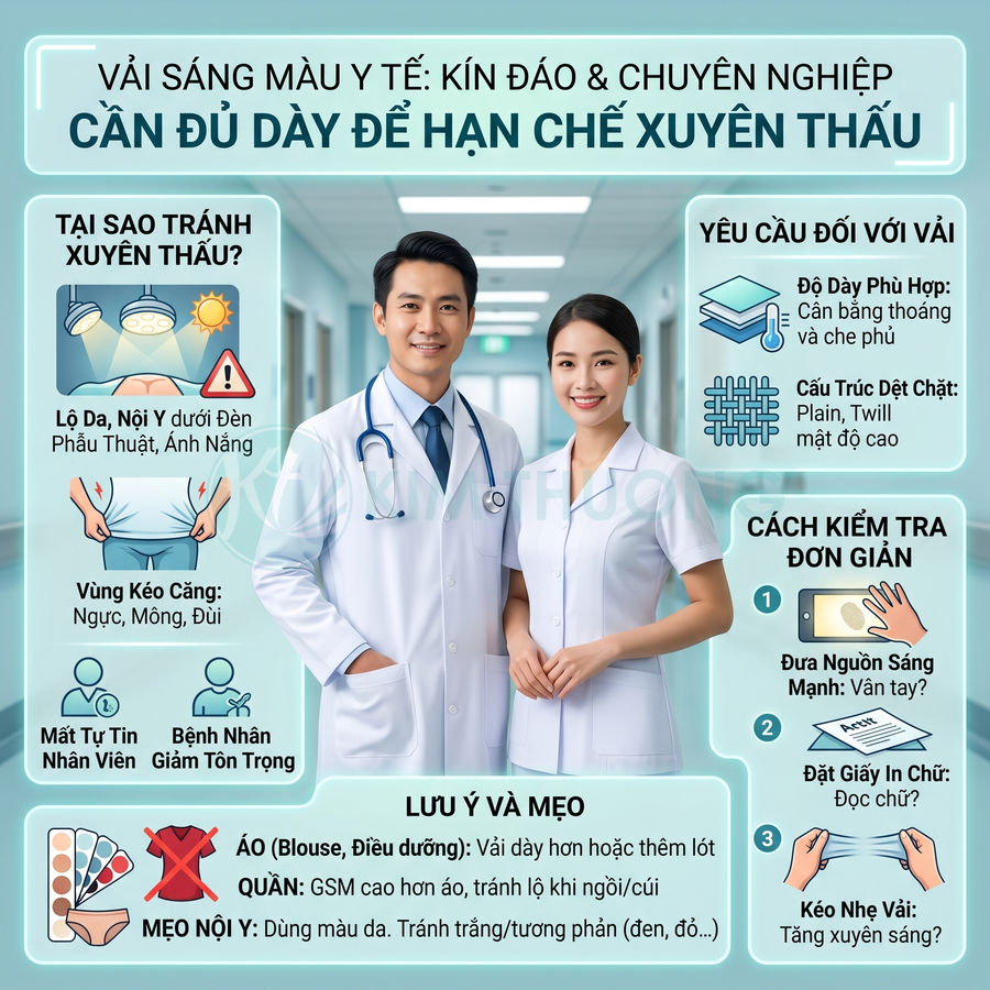 Đồng phục bác sĩ và điều dưỡng vải sáng màu kín đáo, đủ dày hạn chế xuyên thấu trong bệnh viện