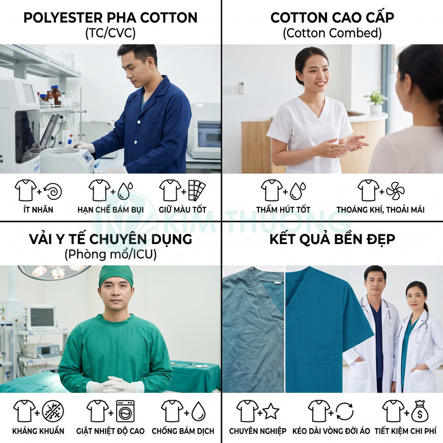 Đồng phục y tế polyester pha cotton và cotton cao cấp cho bác sĩ, y tá, phẫu thuật viên trong bệnh viện