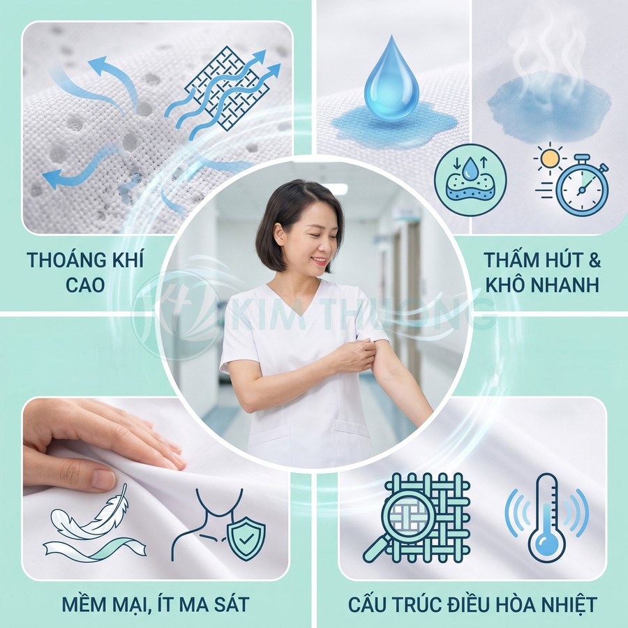 Vải mềm mại, thoáng khí, thấm hút khô nhanh và điều hòa nhiệt tốt, phù hợp với trang phục y tế
