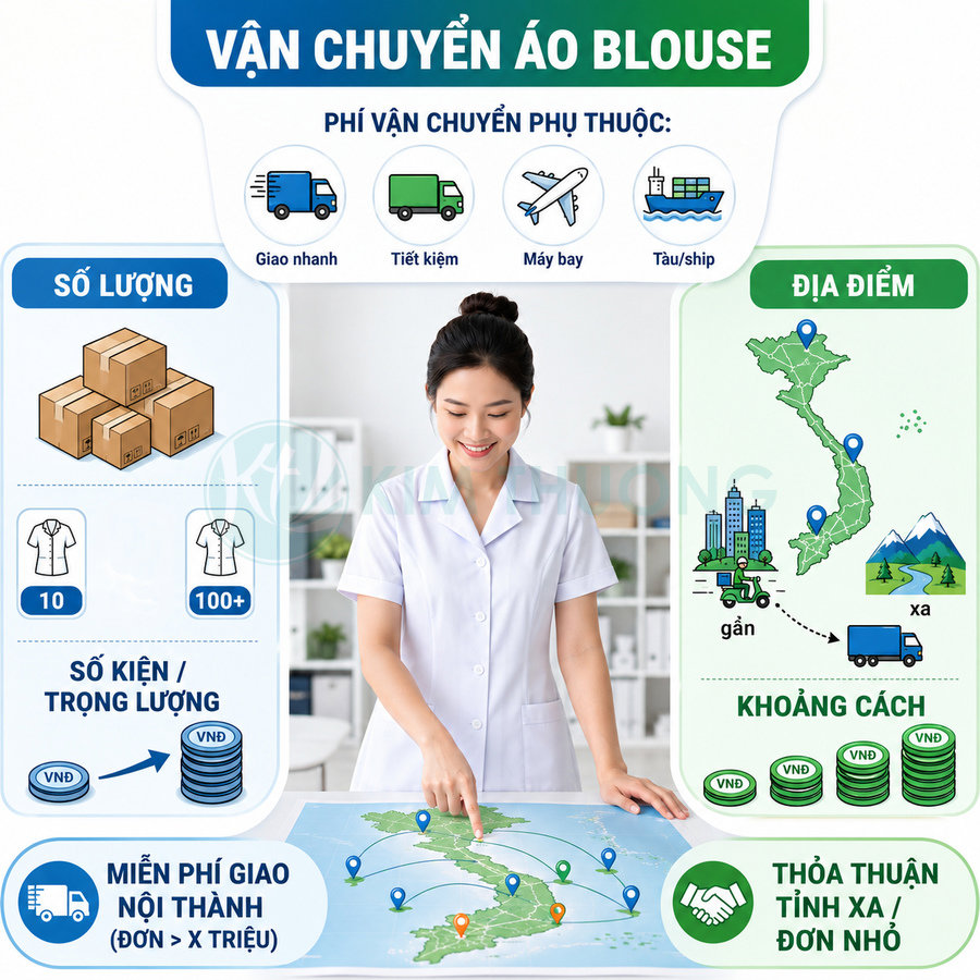 Nhân viên y tế mặc áo blouse trắng tư vấn dịch vụ vận chuyển áo blouse trên bản đồ Việt Nam