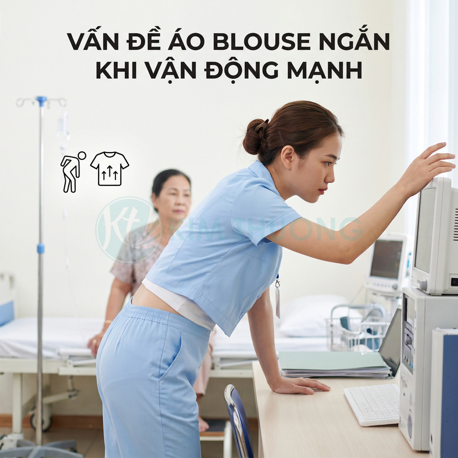 Nữ y tá mặc áo blouse ngắn màu xanh cúi người làm việc tại phòng bệnh viện