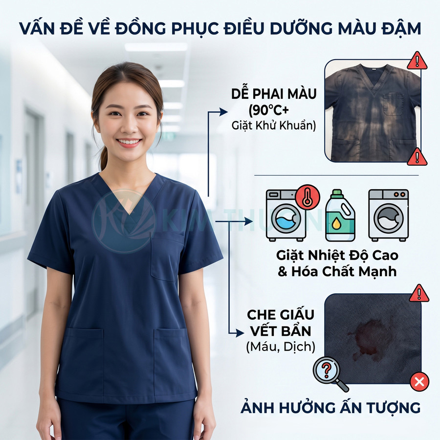 Đồng phục điều dưỡng màu xanh đậm trên nữ y tá và minh họa nhược điểm dễ phai màu, che giấu vết bẩn