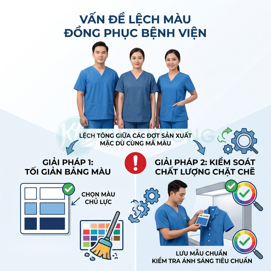 Nhân viên y tế mặc đồng phục bệnh viện màu xanh dương, minh họa giải pháp giảm lệch màu vải