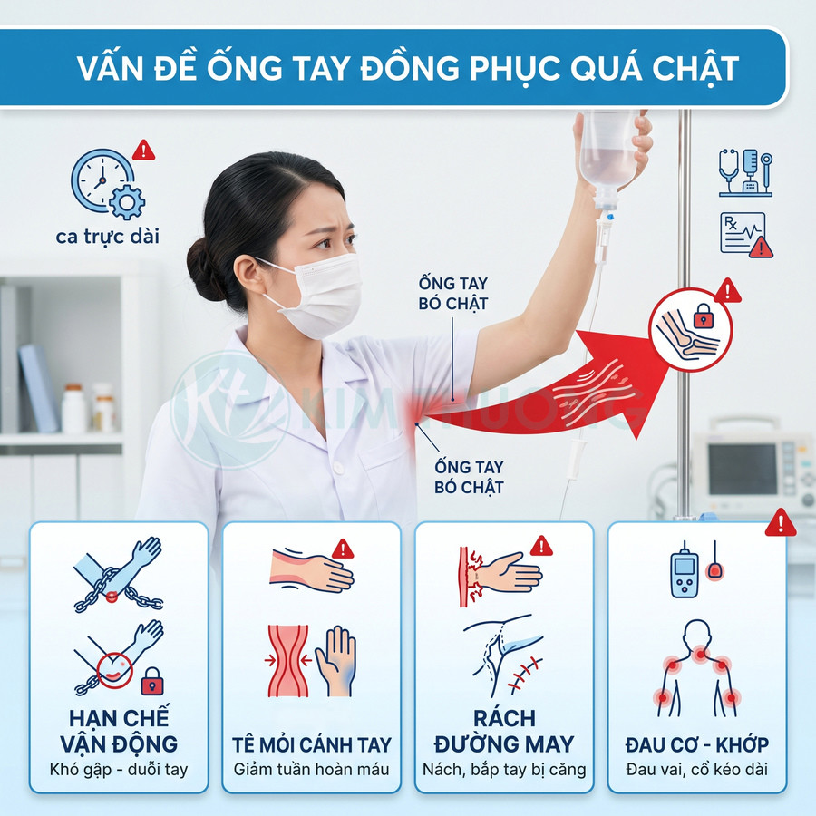 Điều dưỡng mặc đồng phục y tế ống tay bó chặt gây hạn chế vận động và đau tay