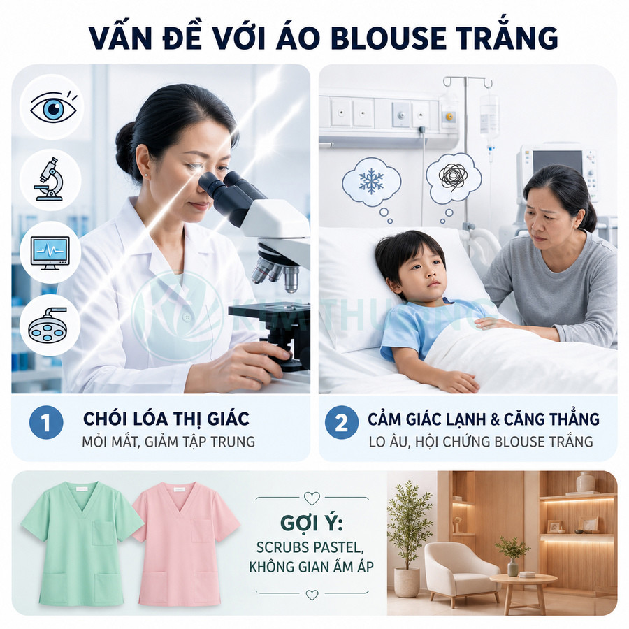 Áo blouse trắng gây chói mắt và căng thẳng, gợi ý thay bằng đồng phục y tế màu pastel dễ chịu