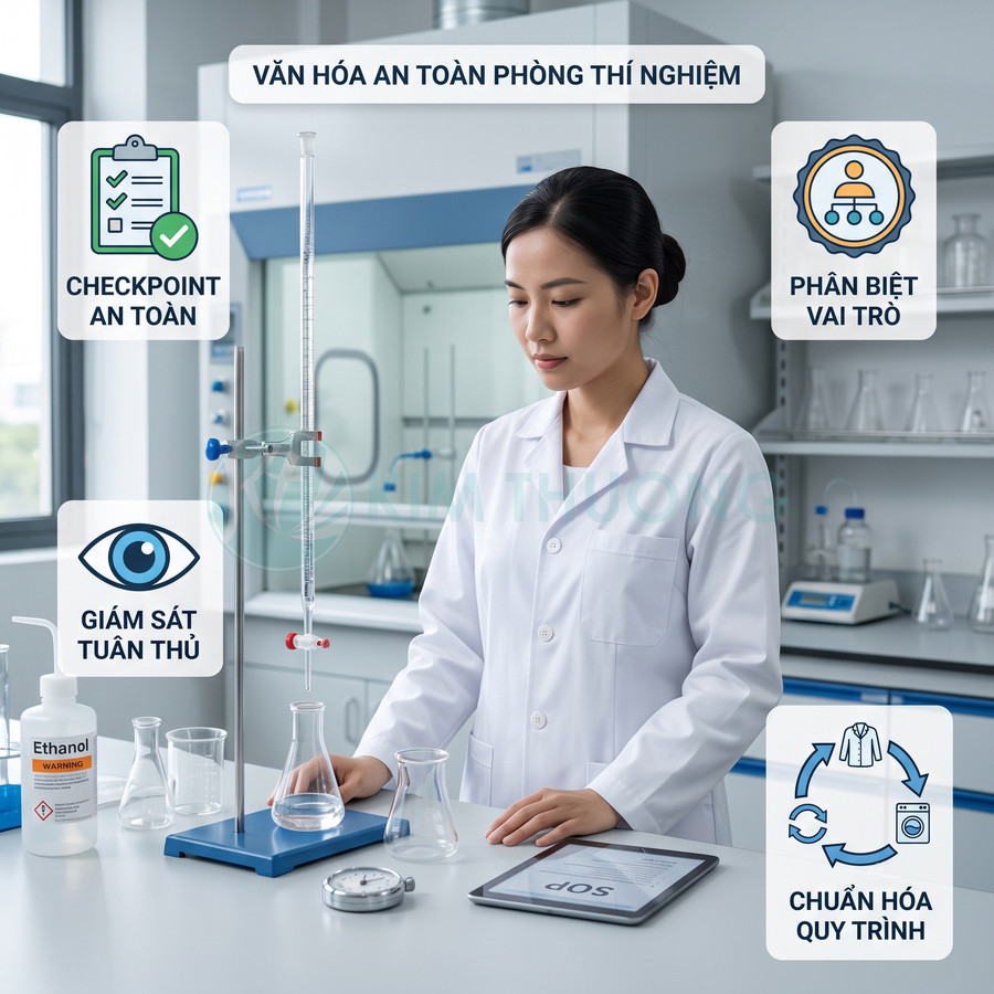 Nữ kỹ thuật viên mặc áo blouse thao tác với dụng cụ thí nghiệm thủy tinh trong phòng lab an toàn