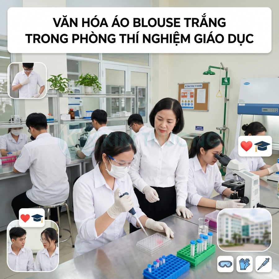 Sinh viên mặc áo blouse trắng thực hành thí nghiệm trong phòng lab giáo dục dưới sự hướng dẫn của giảng viên
