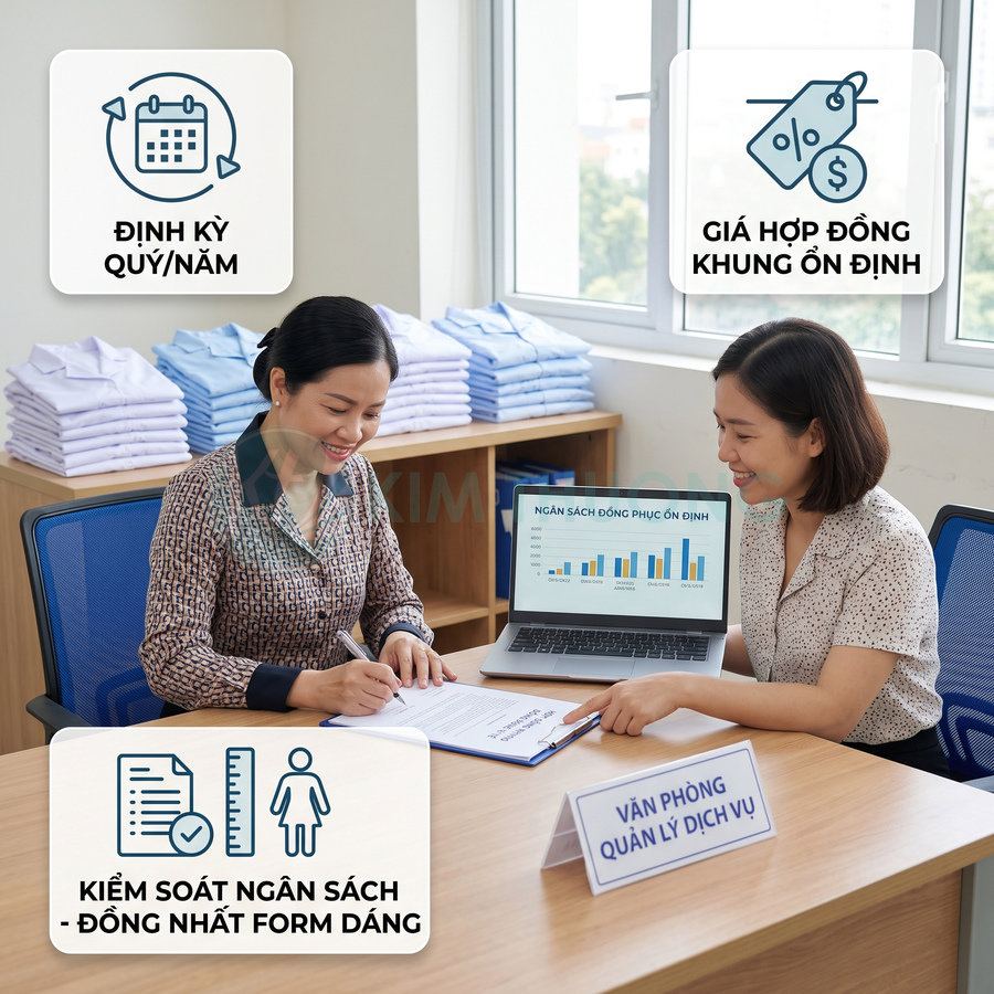 Nhân viên văn phòng tư vấn ký hợp đồng dịch vụ cung cấp đồng phục công sở được xếp gọn trên kệ