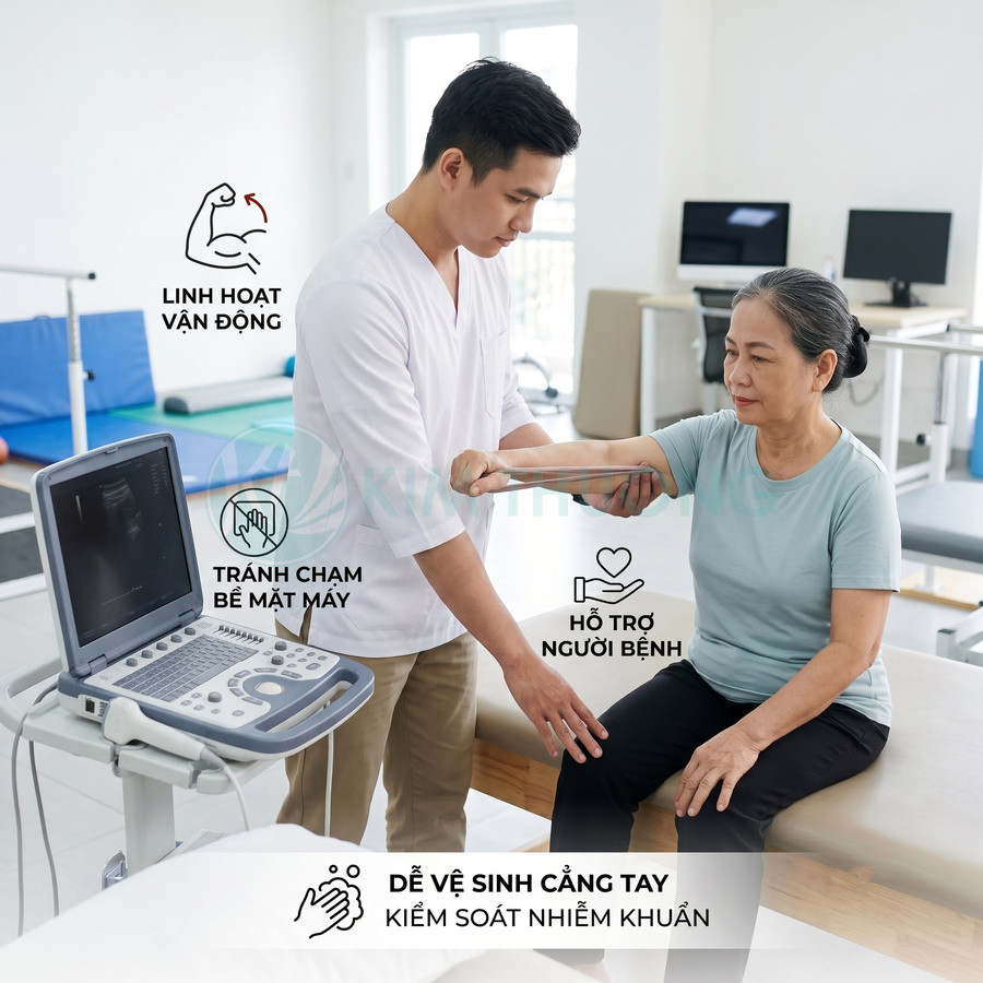 Bác sĩ dùng máy siêu âm xách tay hỗ trợ kiểm tra và phục hồi chức năng tay cho bệnh nhân lớn tuổi