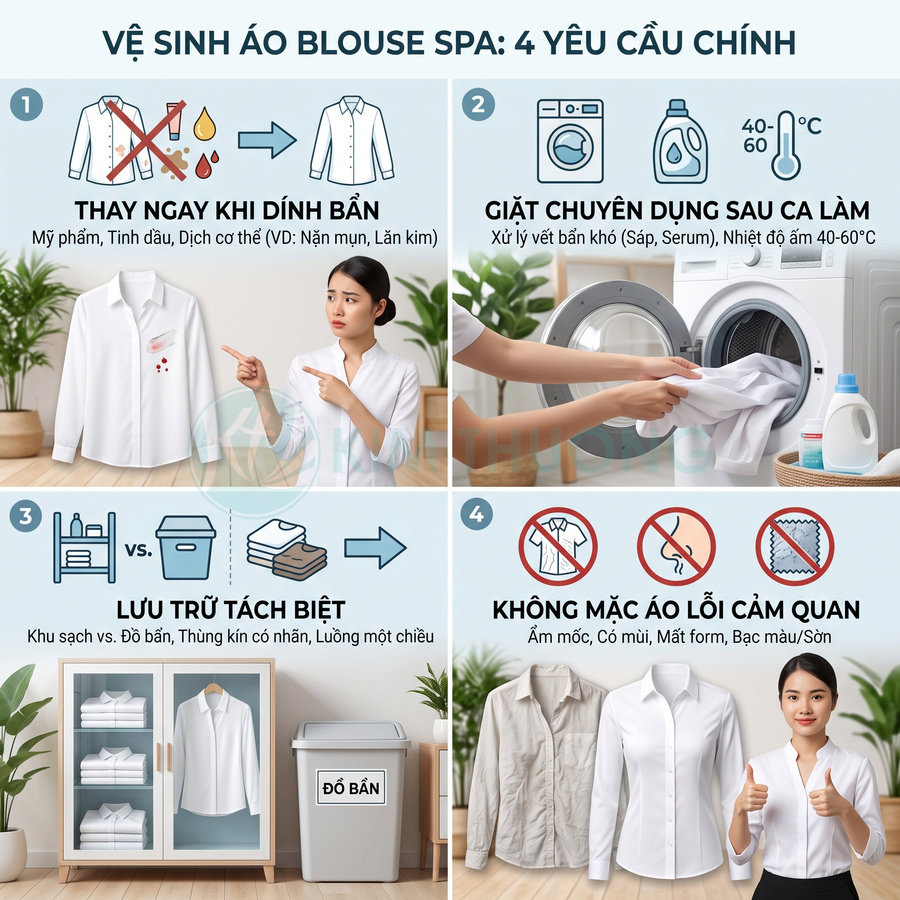 Hướng dẫn vệ sinh và bảo quản áo blouse spa trắng sạch sẽ, không ố bẩn, được giặt riêng và lưu trữ ngăn nắp