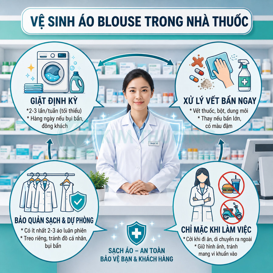 Dược sĩ mặc áo blouse trắng đứng trong nhà thuốc, minh họa hướng dẫn vệ sinh và bảo quản áo blouse sạch an toàn