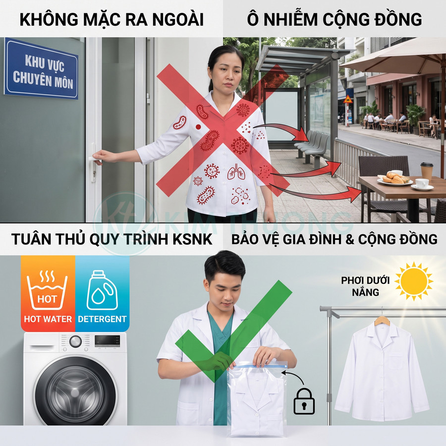 Hướng dẫn giặt và bảo quản áo blouse y tế bằng nước nóng, bột giặt và phơi nắng để tránh lây nhiễm cộng đồng
