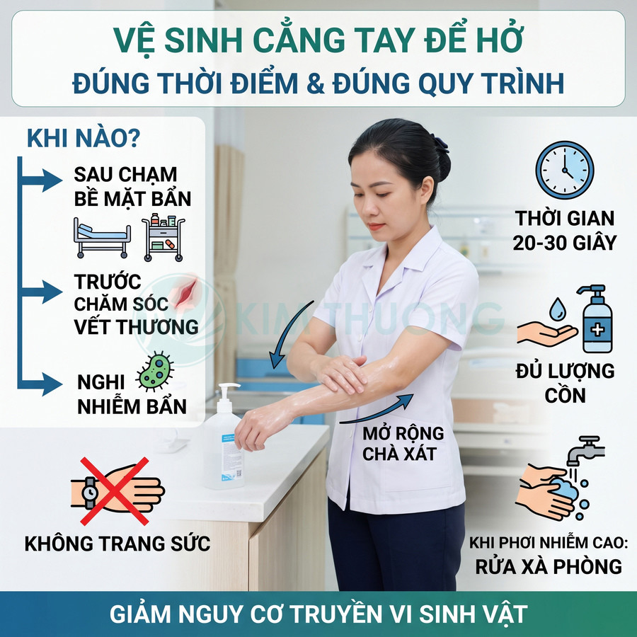 Nhân viên y tế rửa tay và cẳng tay bằng dung dịch sát khuẩn trong phòng khám để phòng ngừa lây nhiễm