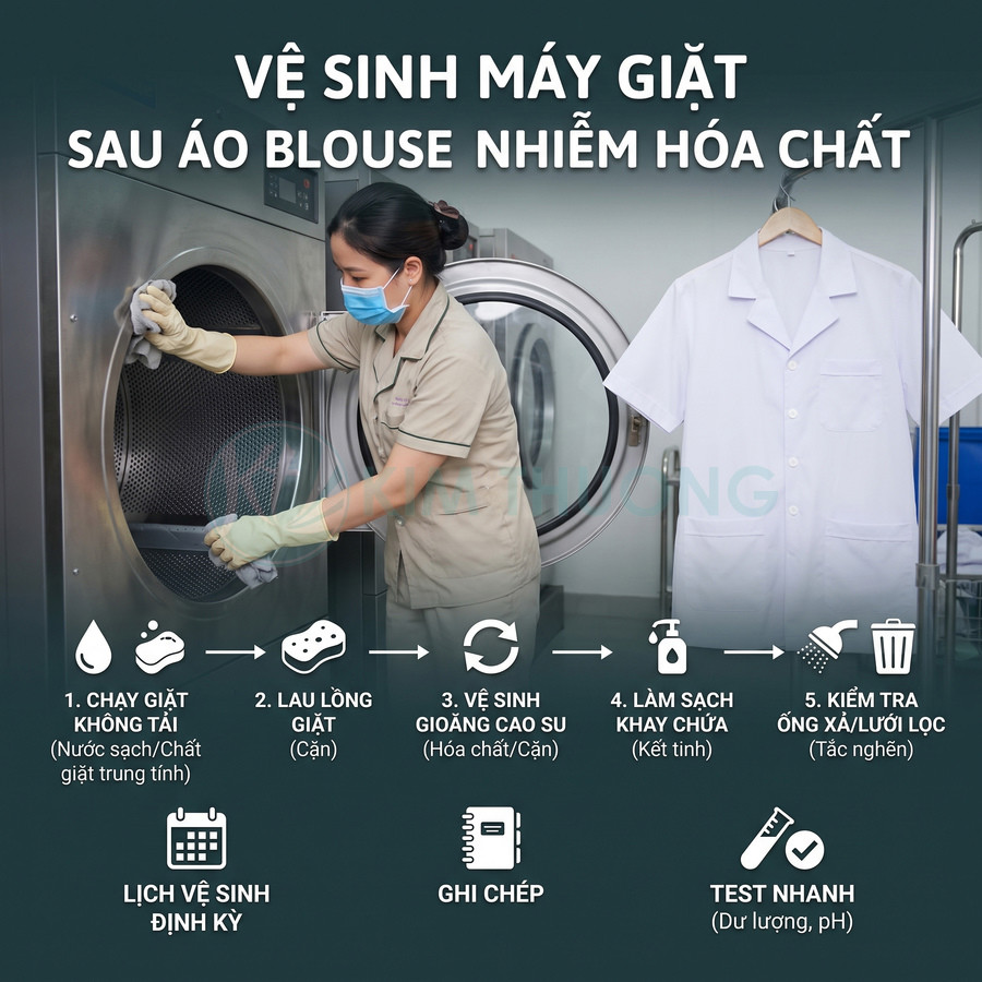 Nhân viên vệ sinh máy giặt công nghiệp sau khi giặt áo blouse nhiễm hóa chất, kiểm tra lồng giặt và bộ lọc