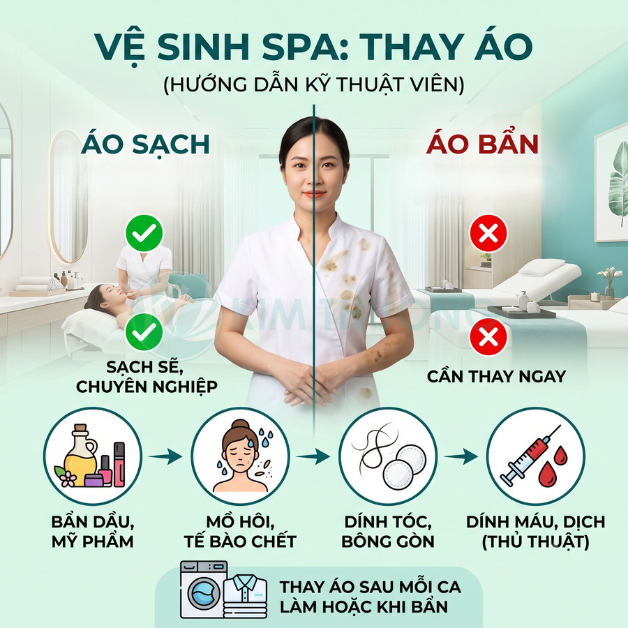 Kỹ thuật viên spa trong đồng phục trắng, so sánh áo sạch và áo bẩn kèm hướng dẫn thay áo vệ sinh spa